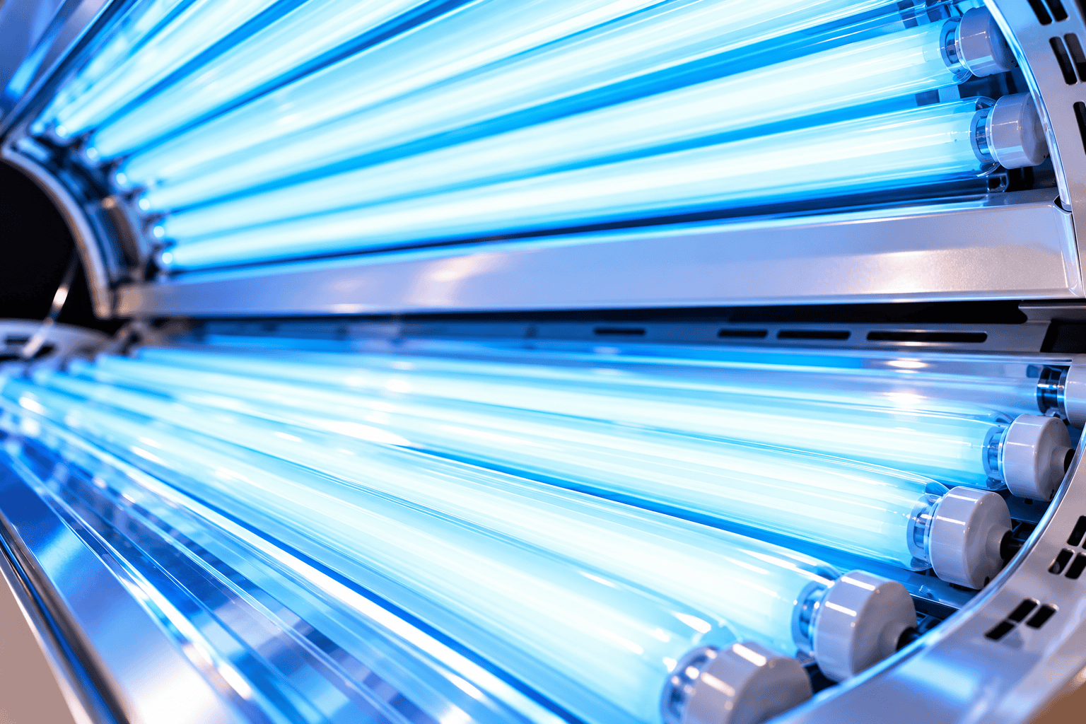 Close-up of upgraded bronzing UV lamps in the Solar Storm tanning bed